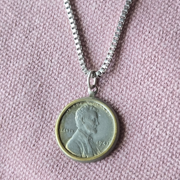 Vintage 1941 Lucky Wheat PENNY necklace Steel Penny - Picture 4 of 7